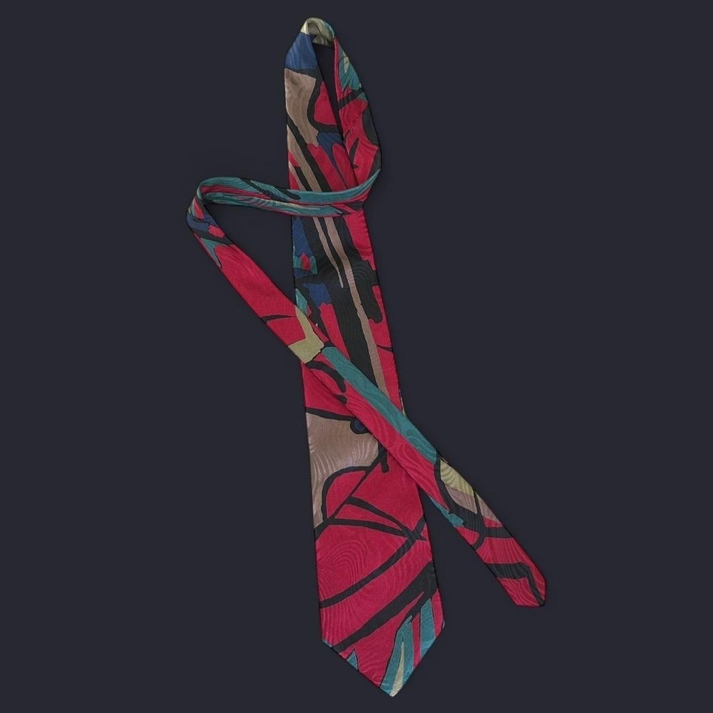 Vintage 80s- 90s Italian Silk Halston III Geometric Mens Tie Pink Black Teal